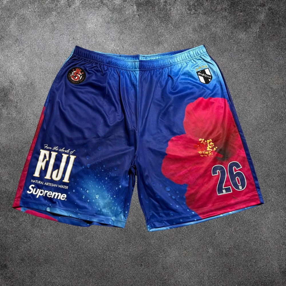 Supreme Fiji Water Soccer Shorts Mens XL Blue Hibiscus Floral Mesh Streetwear XL